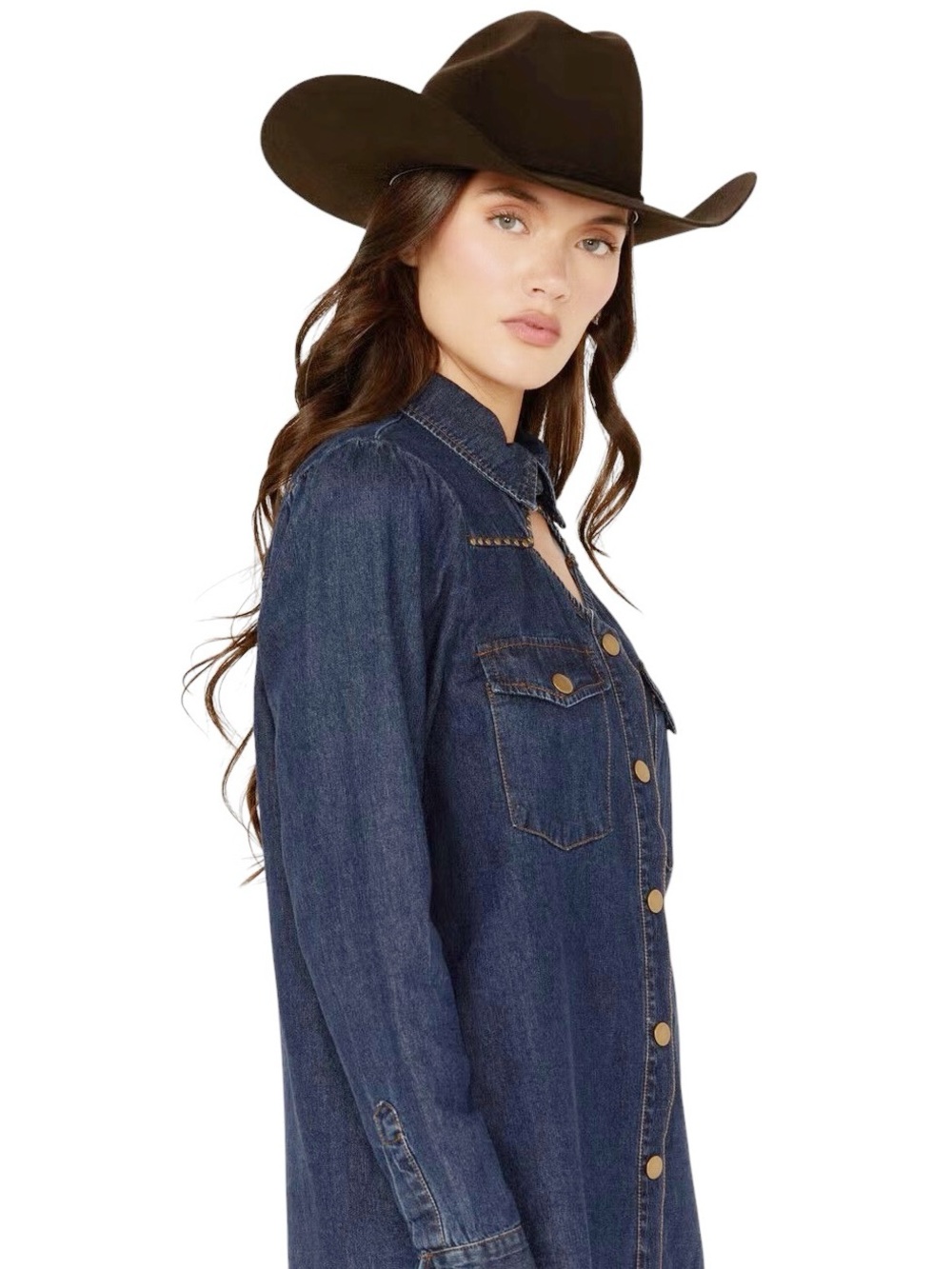 NEW blue b Medium Wash Gold Studded Keyhole Long Sleeve Denim Button Down Shirt - Picture 3 of 4
